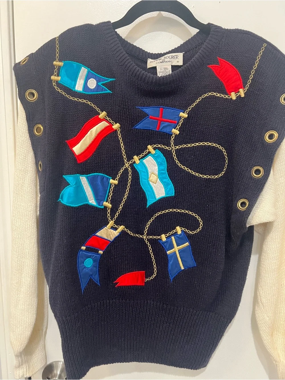 Nautical Flag Embroidered Knit Sweater - Navy